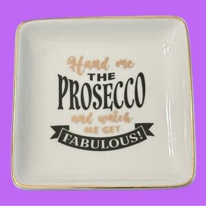 NWT White Ceramic Trinket/Jewelry/Keys Dish With Gold & Black Prosecco 🍾